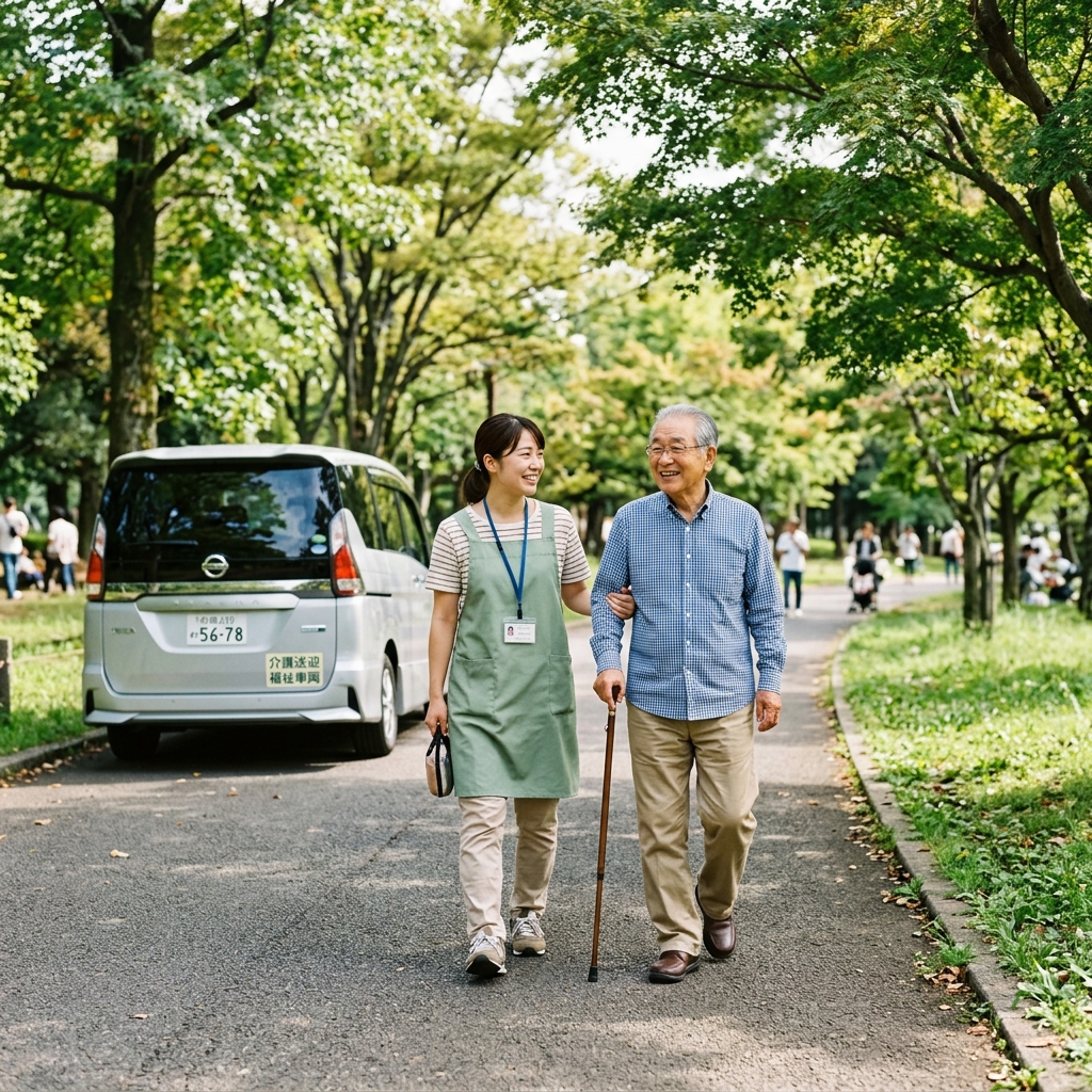 ボランティアスタッフと笑顔で散歩するおじいさんの様子